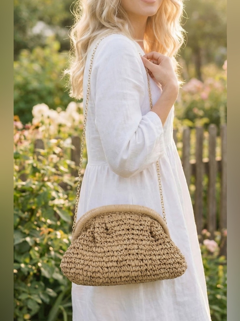 Fame Woven Raffia Frame Shoulder Bag